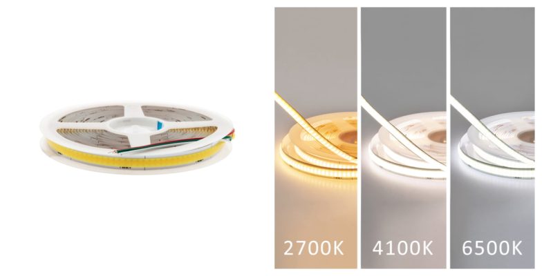 CCT 14,4 SOLO kollaasi - LedStore COB LED strip offering warm, neutral, and cool white lighting options.