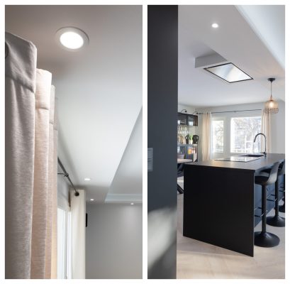 Collage Bergskoltrast - LedStore Vasen: LedStore.fi verkkokaupan valikoimaan kuuluva LED-kattospottivalaisin, joka valaisee tyylikkäästi vaaleiden verhojen yläpuolella ikkunan äärellä. Oikea: Moderni keittiö, jossa on musta saareke, baarituolit, kattoikkuna ja riippuvalaisin. Lattiasta kattoon ulottuvat ikkunat päästävät luonnonvaloa sisään.