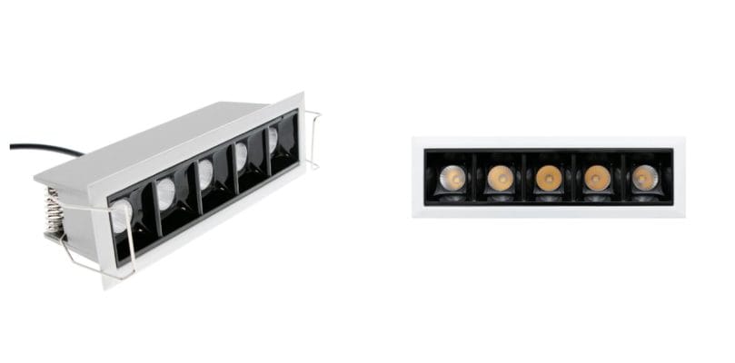 - LedStore Kaksi kuvaa tyylikkäästä LedStore.fi:n LED-upotettavasta valaisimesta, jossa on viisi pyöreää valopistettä. Valaisin på ulkopuolelta valkoinen ja sisäosiltaan musta. Vasemmanpuoleinen kuva esittelee tuotteen sivuprofiilin, kun taas oikeanpuoleisessa kuvassa korostuu sen moderni muotoilu edestä katsottuna.