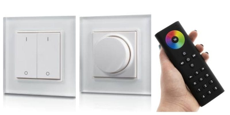 Kytkimet 5. kollaasi - LedStore LED-valojen kaukosäädin värikkäällä kosketuslevyllä ja painikkeilla, asennetun valkoisen himmentimen vieressä; parantaa kodin älykkään valaistuksen ohjausta.