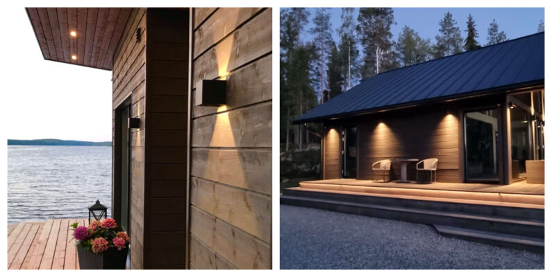 kuva 1 kollaasi FUNK musta ja Viisto 1 - LedStore Summer cottage lighting: on the left side is a terrace with FUNK wall lights. On the right is a cottage with led strip on the first step and wall lights around the summer house.