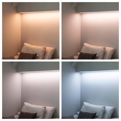 lukunurkkauksen CCT kollaasi - LedStore A color temperature adjustable LED strip used in a reading nook.