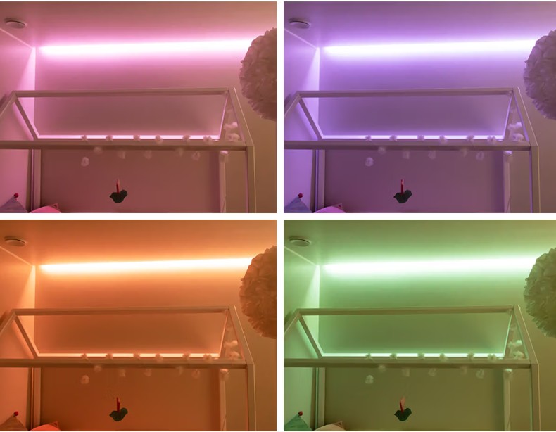 Espoon Kaitamäessä sijaitsevan perheen kodin huoneessa sängynrunko on valaistu LedStore.fi:stä hankitulla LED-nauhoista koostuvalla valaistusratkaisulla, joka tuottaa tunnelmallisia pinkin, violetin, oranssin ja vihreän sävyjä. - LedStore Espoon Kaitamäessä sijaitsevan perheen kodin huoneessa sängynrunko on valaistu LedStore.fi:stä hankitulla LED-nauhoista koostuvalla valaistusratkaisulla, joka tuottaa tunnelmallisia pinkin, violetin, oranssin ja vihreän sävyjä.