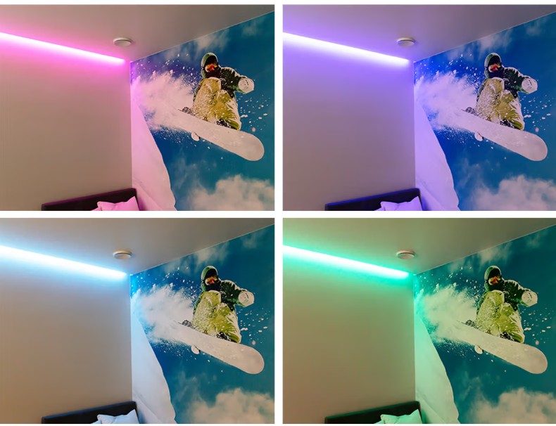 Snowboard-aiheinen seinämaalaus, jota elävöittävät LedStore.fi:n vaihdettavilla väreillä loistavat LED-valot - pinkki, violetti, sininen ja vihreä - luo näyttävän ja dynaamisen valaistuskokonaisuuden espoolaisen perheen kotiin Kaitamäessä. - LedStore Snowboard-aiheinen seinämaalaus, jota elävöittävät LedStore.fi:n vaihdettavilla väreillä loistavat LED-valot - pinkki, violetti, sininen ja vihreä - luo näyttävän ja dynaamisen valaistuskokonaisuuden espoolaisen perheen kotiin Kaitamäessä.