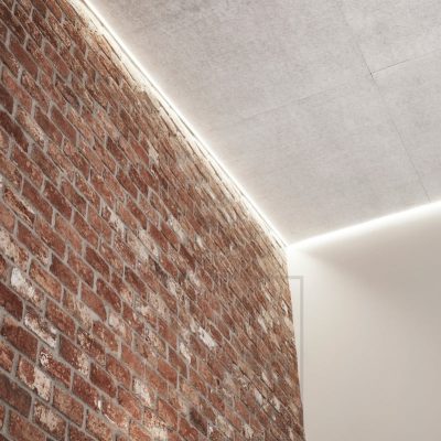 Olohuoneessa katon ja seinän välissä led nauha valaisemassa epäsuoraa tunnelmavaloa. Ledstore.fi 