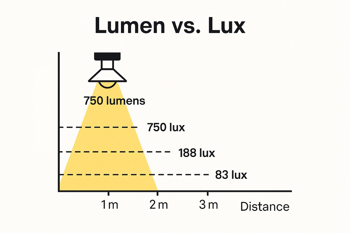 Lumen määrä eri etäisyyksillä lumen vs lux - LedStore Kaavio, joka havainnollistaa lumenien ja luksien erot eri etäisyyksillä 750-lumen LED-valosta - käytännön valaistusopas.