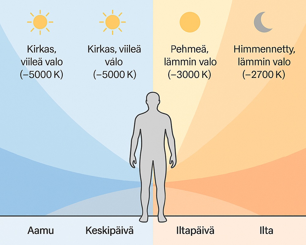 Valon värin ja lämpötilan muutos vuorokauden mukaan. - LedStore Kuvitus esittelee valon värin ja lämpötilan vuorokauden mukaan, valaistusohjeet EN 12464-1 mukaisesti, suomeksi.