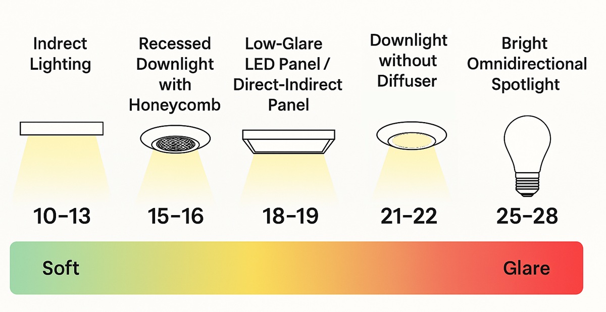 Kaavio LED-valaistustyypeistä, viisi valaisinta, häikäisyarvot 10-28 luksia, EN 12464-1 standardin mukaisesti. - LedStore UGR arvoja eri valoille