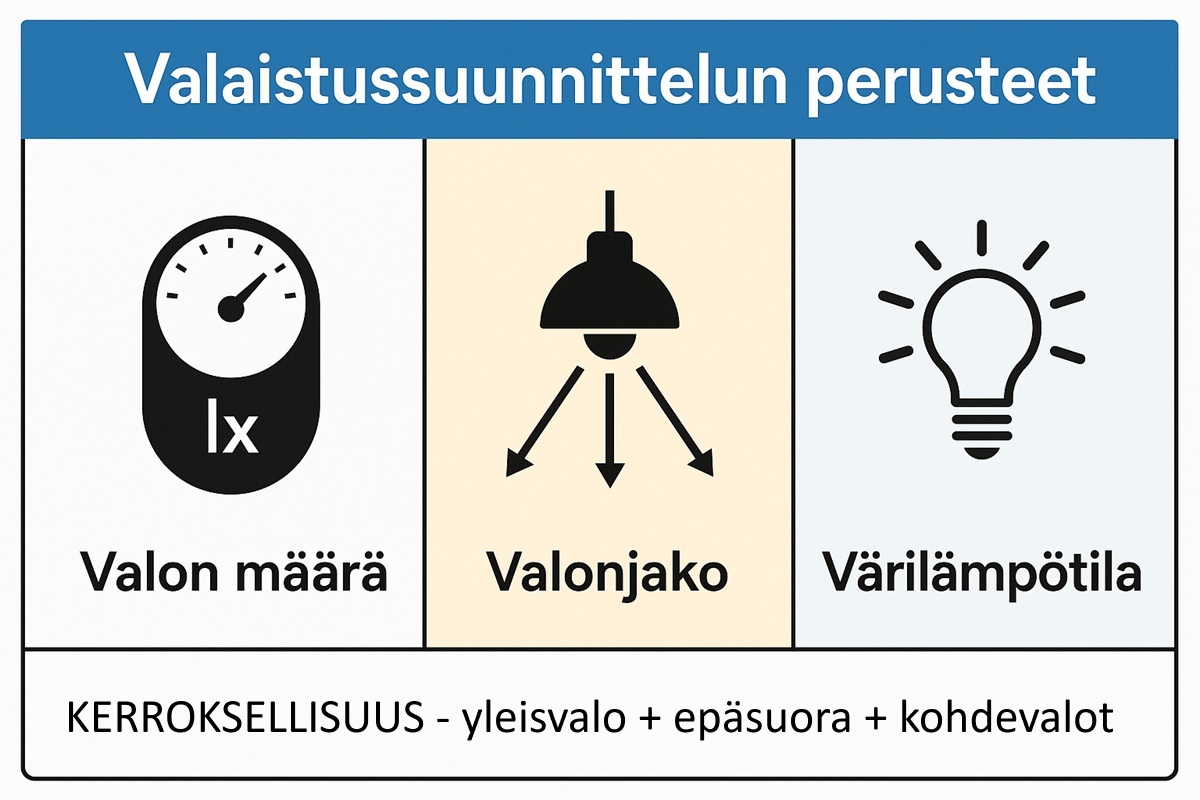 Valon määrä, jakautuminen ja värilämpötila. Valaise kerroksittain. - LedStore Kaavio valaistuksen perusteista-valon määrä, jakautuminen ja värilämpötila-suomi, LedStore.fi -verkkokaupan opas.