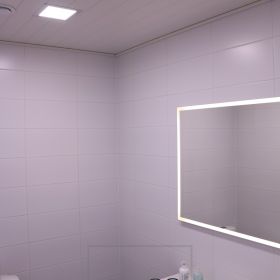 Modernin minimalistiset kattovalaisimet yhdistettynä valopeilin valoon luo tilaan laadukkaan valaistuksen. Ledstore.fi