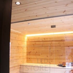 Led nauha saunan katossa luomassa tunnelmallista epäsuoraa valoa saunatilaan. Ledstore.fi