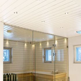 Tunnelmallinen spottivalaistus pesuhuoneessa ja saunassa. Pesuhuoneessa pienet, 3W spotit ja saunassa 1W saunaspotit. Ledstore.fi