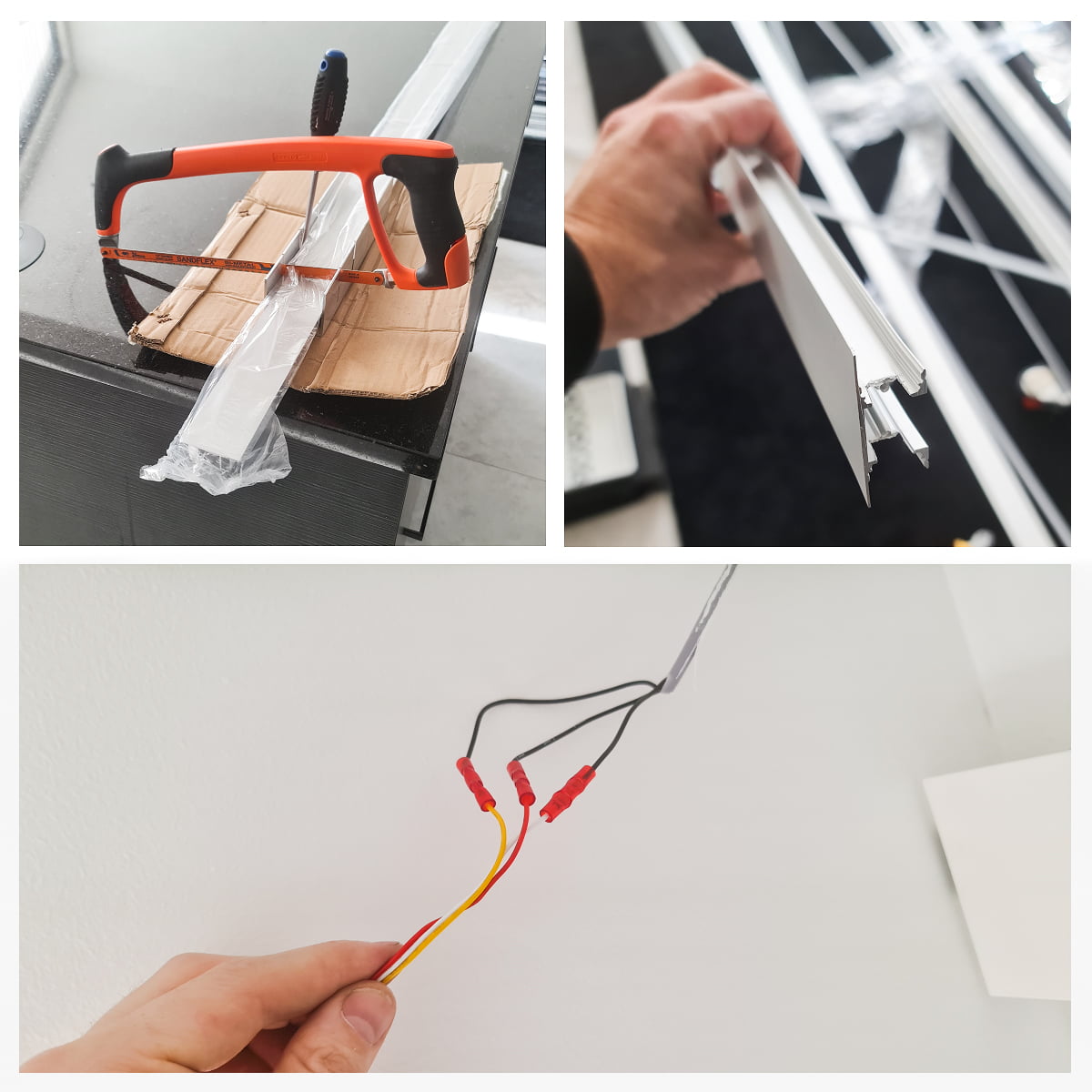 epäsuora valo profiili asennus kollaasi - LedStore Profiilin työstovaiheet kuvina.