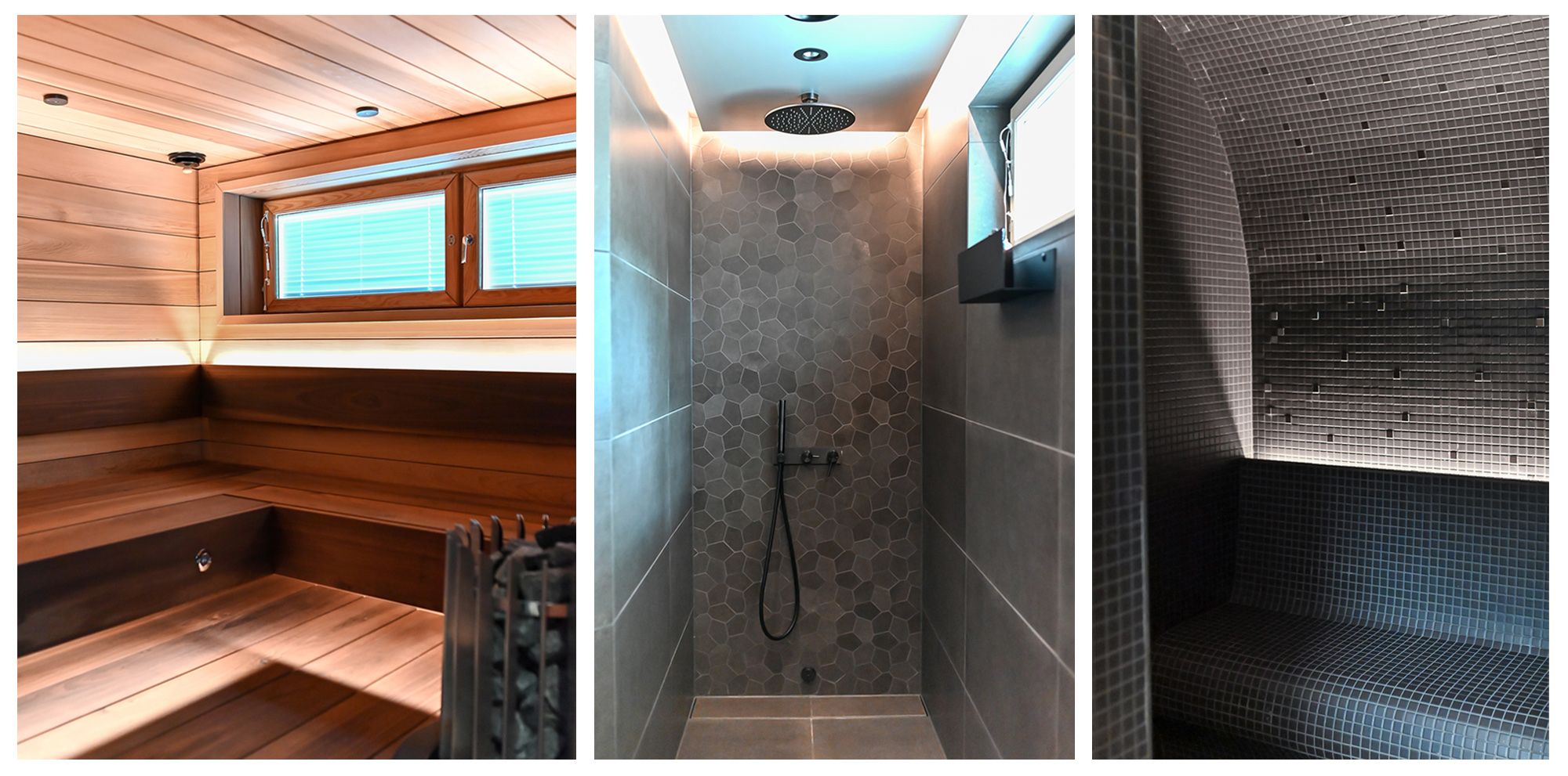 Suihku- ja saunatilojen täydellinen remontti, jossa nauhoilla luotiin tilaan tunnelmaa. Kuvat: Ekastra.
