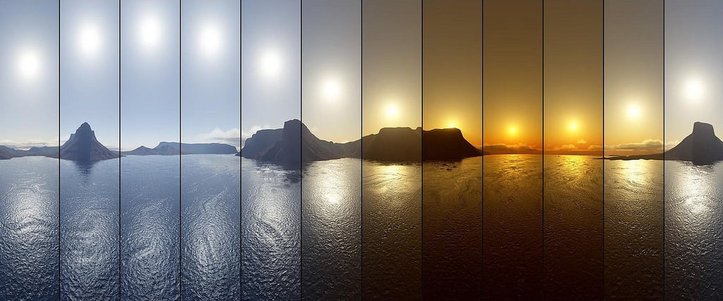 Yhdistelmäkuva esittelee auringon etenemistä aamusta auringonlaskuun vuoristoisessa maisemassa, jossa on vettä. Jokainen osio, kuin luonnollinen LED-näyttö, vangitsee erilaisia auringonvalon sävyjä, liikkuen kirkkaasta päivänvalosta lämpimiin, kultaisiin sävyihin illan hämärässä.