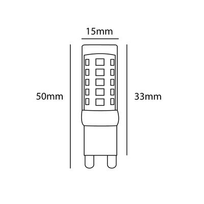 Viivapiirros LED-polttimosta, korkeus 50 mm, leveys 15 mm, pituus 33 mm, suorakaiteen muotoisella ristikkomallilla LED-valaistusliikkeeseen.