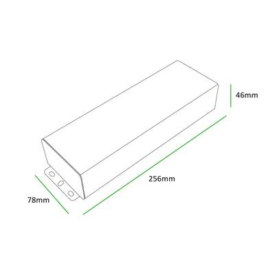 Kaavio suorakaiteen muotoisesta laatikosta, jonka mitat: pituus 257 mm, leveys 71 mm ja korkeus 48 mm; ihanteellinen LED-valaistuksen säilytysratkaisuihin.