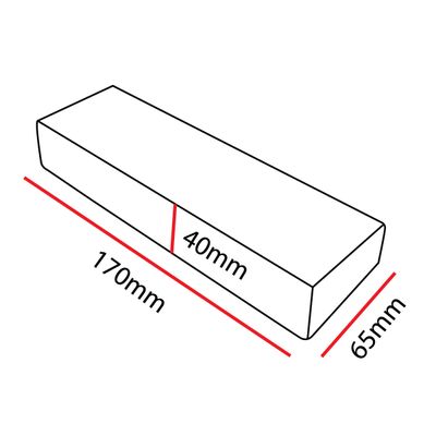 Kaavio suorakaiteen muotoisesta laatikosta, jonka mitat ovat optimaaliset LED-valaistukseen: pituus 170 mm, leveys 65 mm ja korkeus 40 mm.