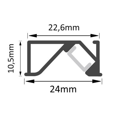 Tekninen piirustus: LED-profiilin poikkileikkaus, jossa mitat - leveys 24 mm, korkeus 10,5 mm, sisäleveys 22,6 mm - tarkkuusvalaistuksen asennukseen.