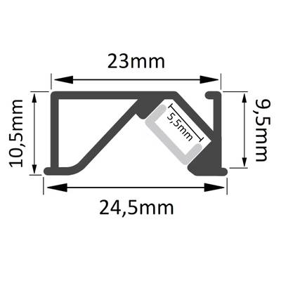 Tekninen piirustus: LED-profiilin poikkileikkaus, jossa mitat - leveys 24 mm, korkeus 10,5 mm, sisäleveys 22,6 mm - tarkkuusvalaistuksen asennukseen.