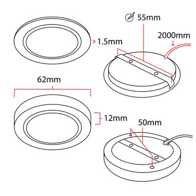 Pyöreän upotetun LED-valon kaavio: halkaisija 62 mm, paksuus 1,5 mm, korkeus 12 mm, sisäkomponentti 50 mm, 2000 mm johto.