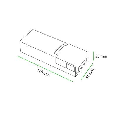 3D-viivapiirros suorakaiteen muotoisesta LED-valosta, mitat 120 mm x 41 mm x 23 mm, ihanteellinen myymälän näkyvyyden ja kompaktien tilojen valaistukseen.
