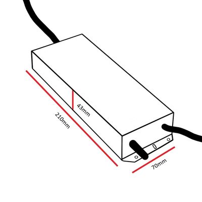 Kaavio 210 mm x 43 mm x 70 mm suorakaiteen muotoisesta esineestä, joka on ihanteellinen LED-valaistuksen mittojen ja asennustilojen visualisointiin.