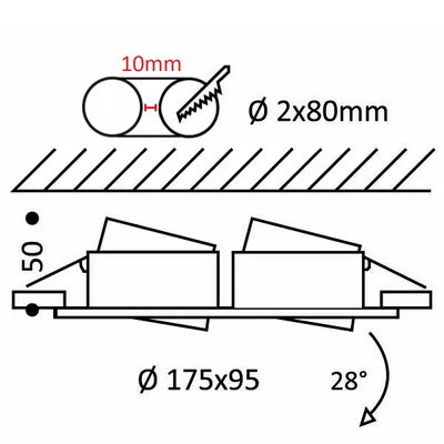LED-valaistuskomponenttien tekninen kaavio: sylinterimäiset osat, mitat (10mm, halkaisija 2x80mm, 175x95) ja 28 asteen kaltevuus mitoineen.