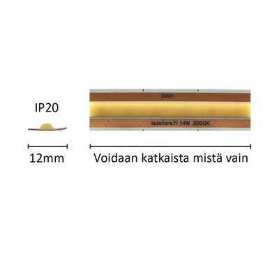 1cm LED valonauha SOLO, leikkaa mistä vain, 3000K, 24V, 14W/m, IP20, CRI97