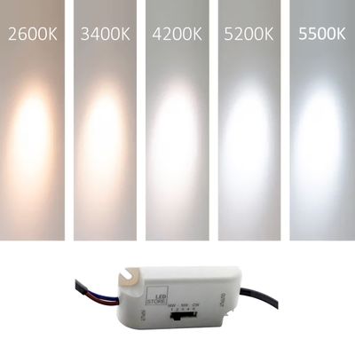 Viisi LED-valopaneelia näyttää värilämpötilat lämpimästä 2600K:sta viileään 5500K:een, liukusäädin säätää