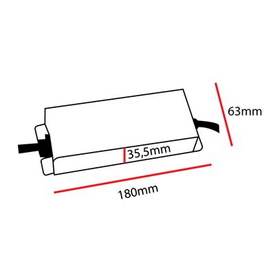 LED-valaistuslaitteen kaavio: pituus 180 mm, leveys 63 mm, korkeus 35,5 mm, molemmista päistä kaksi kaapelia liitäntää varten.