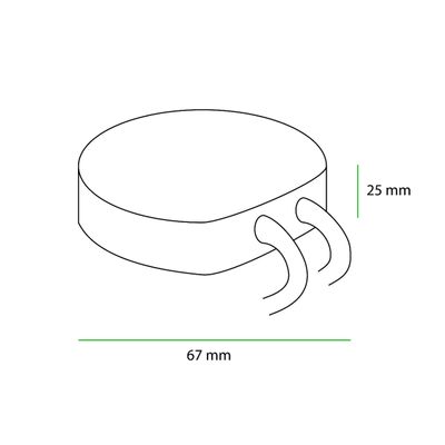Viivapiirros sylinterimäisestä LED-ohjaimesta, halkaisija 67 mm, korkeus 25 mm, kahdella sivusta ulottuvalla johdolla. Ihanteellinen LED-valaistusasennuksiin.