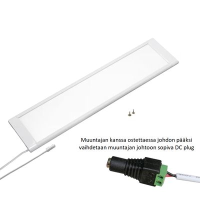 Suorakulmainen valkoinen LED-paneelivalaisin, pinta-asennus, jossa on virtajohto ja kiinnitysruuvit valkoisella pohjalla.