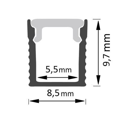 LED valaisimen sylinterin poikkileikkaus, mitat: sisäleveys 5.5 mm, ulkoleveys 8.5 mm, korkeus 9.7 mm.