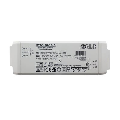 Suorakulmainen valkoinen GLP GTPC-50-12-D LED-ohjain, himmennettävä, tekniset tiedot, valaisinsyöttöyksikkö.