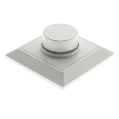 Valkoinen LED-valon himmenninkytkin, jossa on suuri kiertonuppi, sisävalaistuksen ohjaukseen. Tasainen tausta.