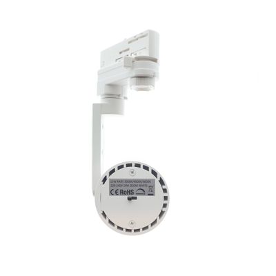 Valkoinen LED-kiskovalaisin, sylinterinmuotoinen pää, takanäkymä, jossa näkyy sähkötiedot ja sertifiointitarrat.