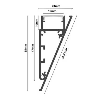Kulma LED-aluprofiilin poikkileikkausmitat: 24mm, 15mm, 10mm, 47mm, 55mm, 59.7mm.