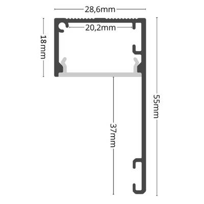 Tekninen piirustus mustasta LED-alumiiniprofiilista, L-muotoinen 28,6x55mm, sisäleveys 20,2mm, sisäkorkeus 37mm.