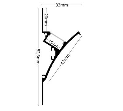 Tekninen valaistuskaavio, poikkileikkaus osoittaa valaisimen mitat 82.6mm, 33mm, 20mm, 15mm, 47mm.