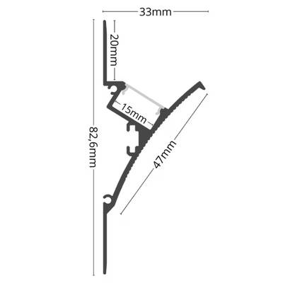 LED-valaistusprofiilin poikkileikkaus, osoittaa mitat 33mm, 20mm, 15mm, 47mm ja 82.6mm asennusta varten.