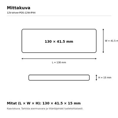LED-ohjaimen kotelon kaavio, 130 × 41,5 × 15 mm, jossa on merkitty pituus-, leveys- ja korkeusmitat