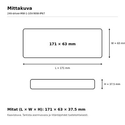 LED-muuntajan mitat: 171 x 63 x 37,5 mm, suorakulmainen, kaavio, jossa on suomenkielisiä tekstejä