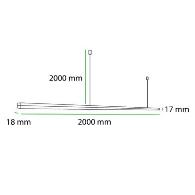 Kaavio suorakaiteen muotoisesta LED-valaisimesta, pituus 2000 mm, leveys 18 mm, korkeus 17 mm, ripustettu kahdella johdolla nykyaikaisiin valaistusratkaisuihin.