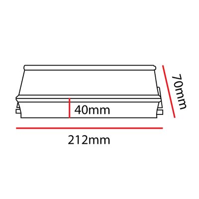 Suorakaiteen muotoisen LED-valaisimen kaavio: pituus 212 mm, korkeus 70 mm, leveys 40 mm; mitat on merkitty punaisella selvyyden vuoksi.