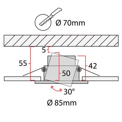 Kattovalaisimen asennuskaavio mitoilla: 70mm, 50mm, 85mm. Valaisin kallistuu 30° kulmaan säädettävän LED-valaistuksen vuoksi.
