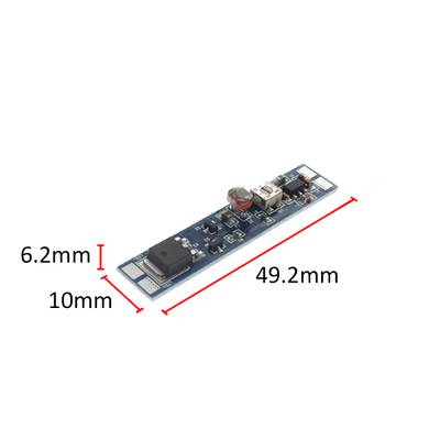 Kapea led-piirilevy (49x10mm), jossa valaistustekniset suomalaiset tiedot näkyvissä alapuolella.