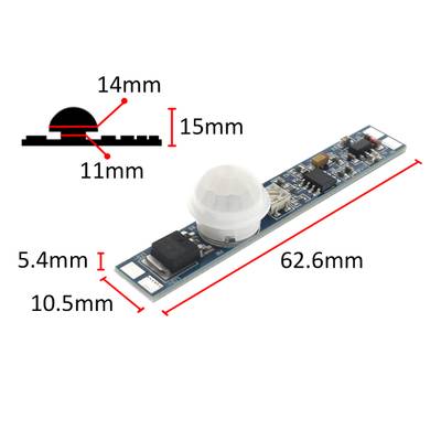 Ohut PIR-anturi LED-valaistukseen, kompakti piirilevy ja kupu, 62,6 x 10,5 x 5,4 mm, kupu 14 x 15 mm