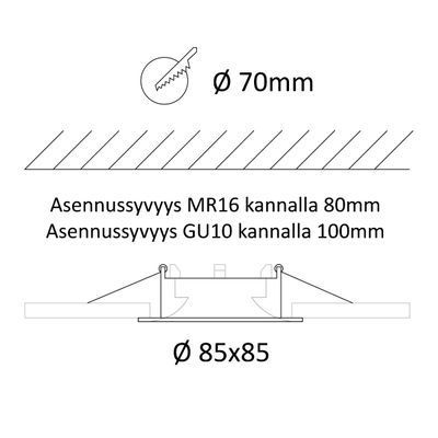 Kaavio, joka näyttää asennussyvyyden MR16 (80 mm) ja GU10 (100 mm) valaisimille; aukko 70mm, valaisimen koko 85x85mm LED-valaistusliikkeessä.