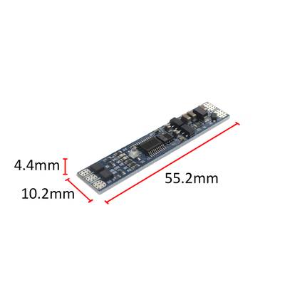 Viivapiirros elektronisesta piirilevystä, mitat 55 mm x 10 mm x 3 mm, yksityiskohtainen komponentteineen – ihanteellinen LED-valaistussovelluksiin.